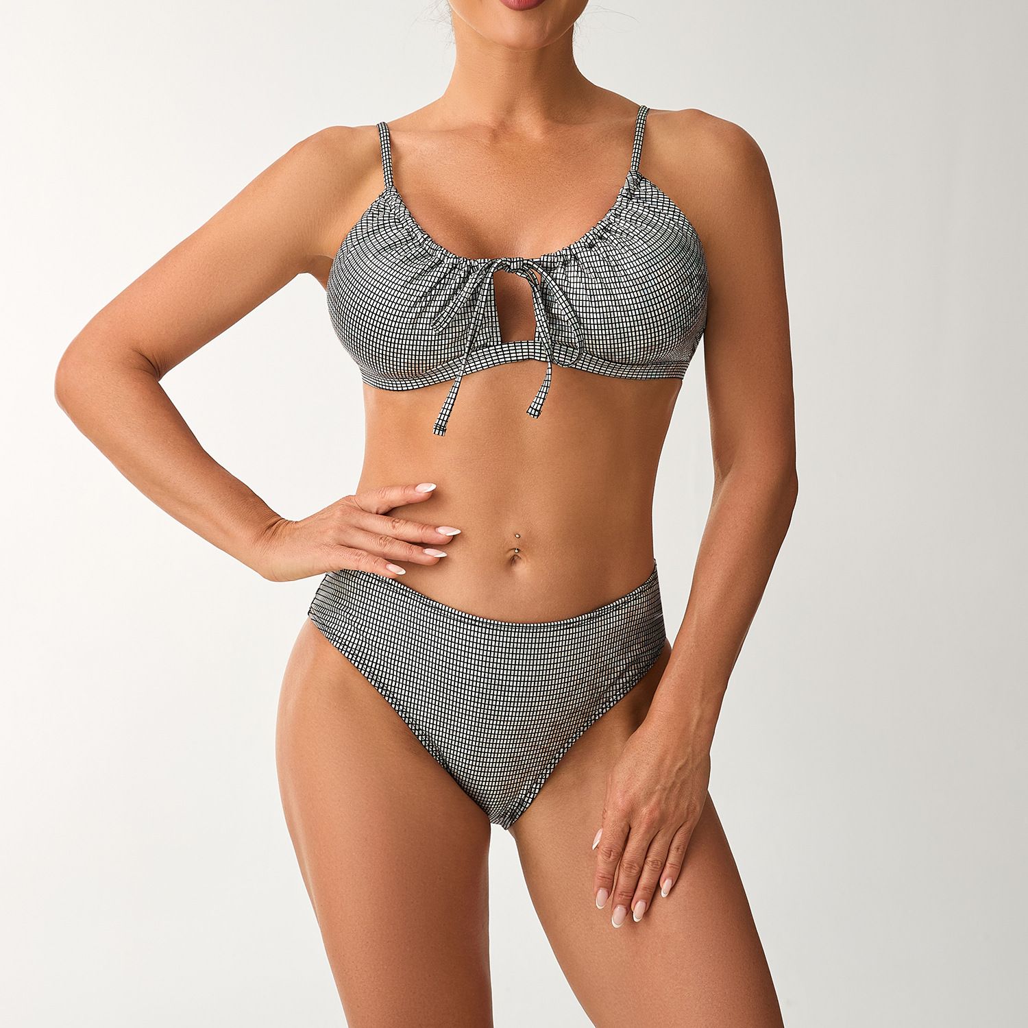 (image for) 2026 New Gold Foil Plaid Bikini Set Tie‑Front Two‑Piece Women Swimsuit