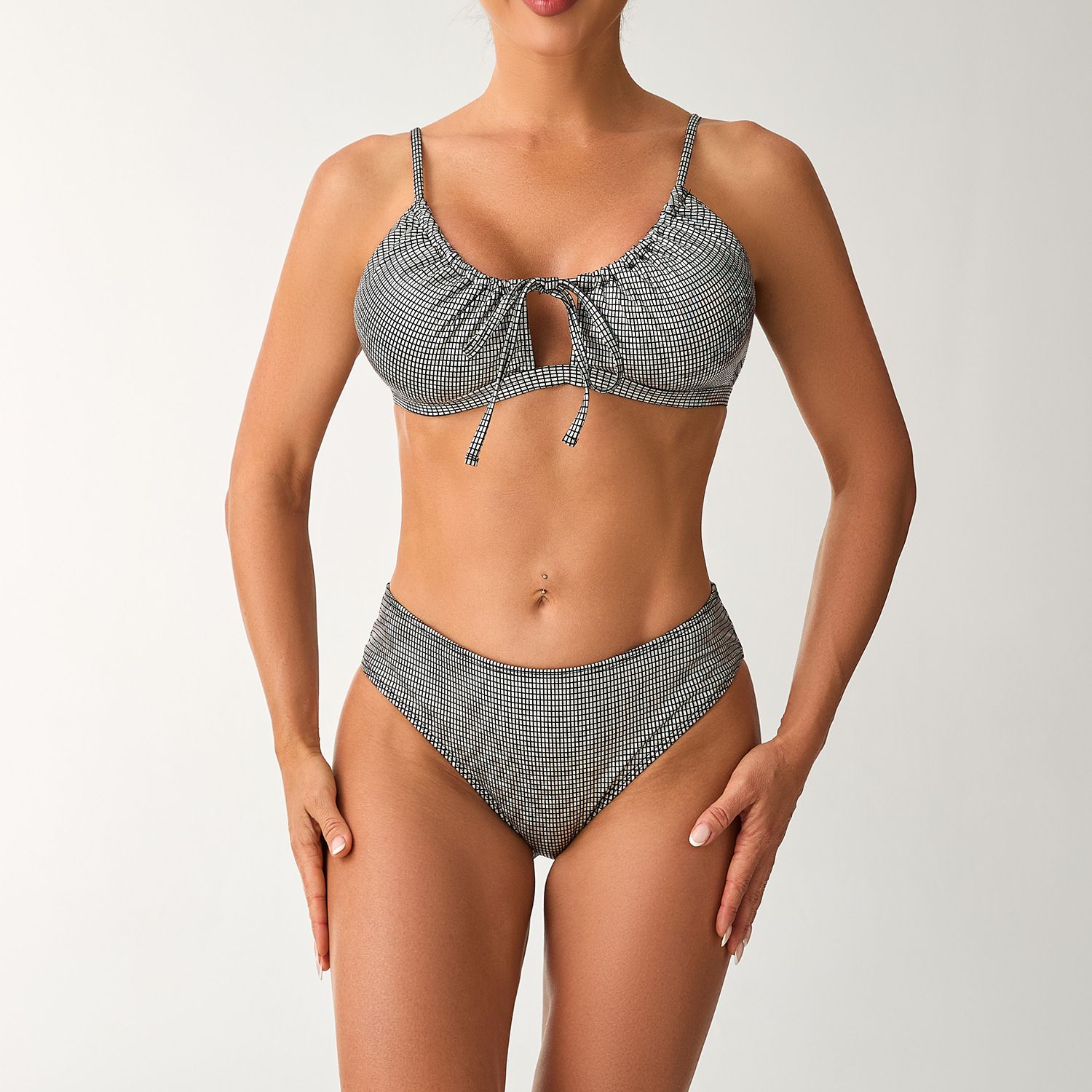 (image for) 2026 New Gold Foil Plaid Bikini Set Tie‑Front Two‑Piece Women Swimsuit