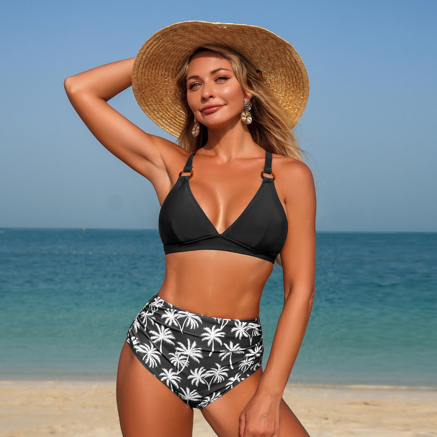 (image for) Women Halter High Waist Two Piece Bikini Set, Solid Top Palm Tree Print Bottom Sexy Backless Triangle Bathing Suit