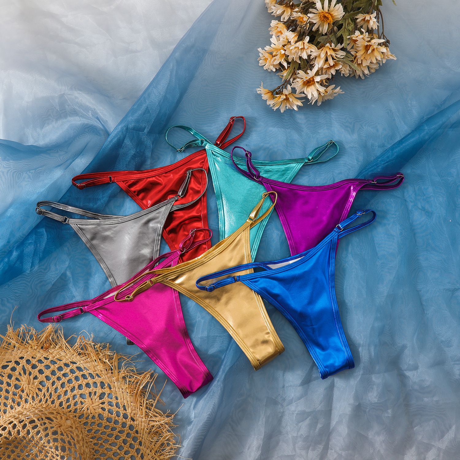 (image for) Women Shiny Metallic Bikini Bottom Solid Color Adjustable Thong Swim Bottom