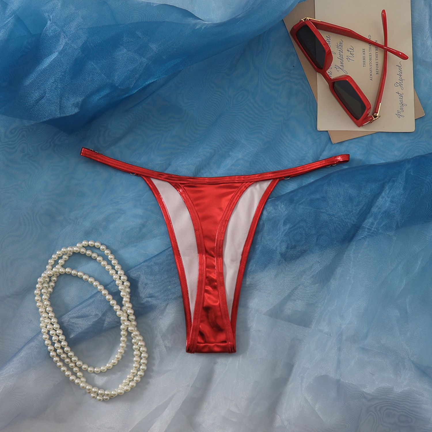 (image for) Women Shiny Metallic Bikini Bottom Solid Color Adjustable Thong Swim Bottom