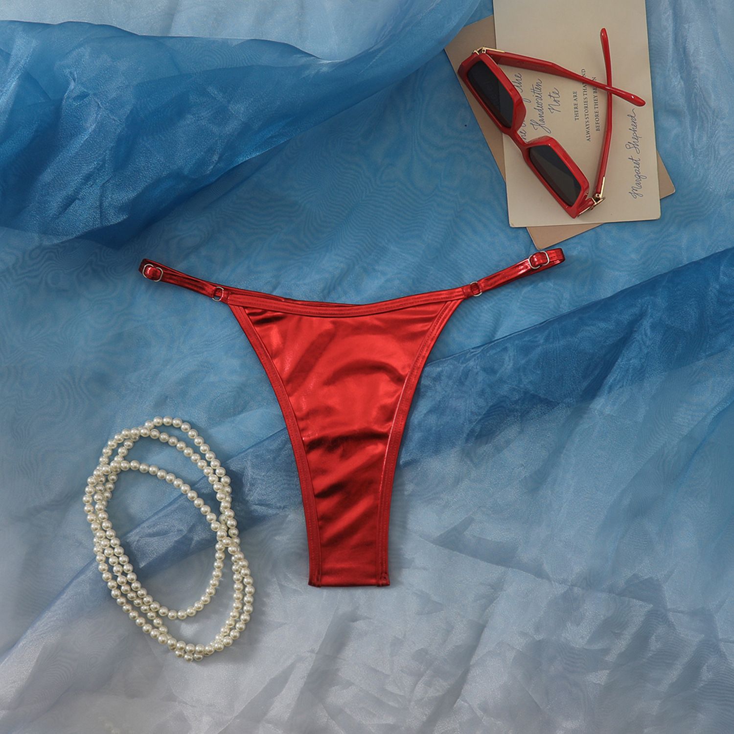 (image for) Women Shiny Metallic Bikini Bottom Solid Color Adjustable Thong Swim Bottom