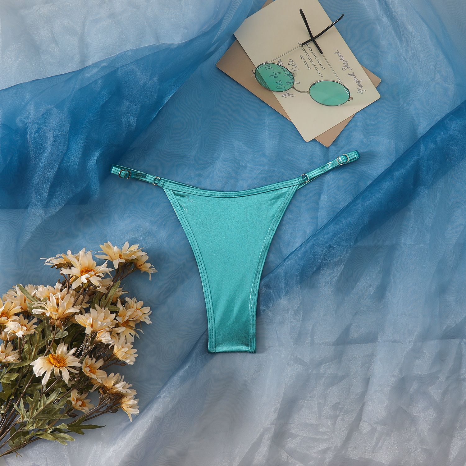 (image for) Women Shiny Metallic Bikini Bottom Solid Color Adjustable Thong Swim Bottom