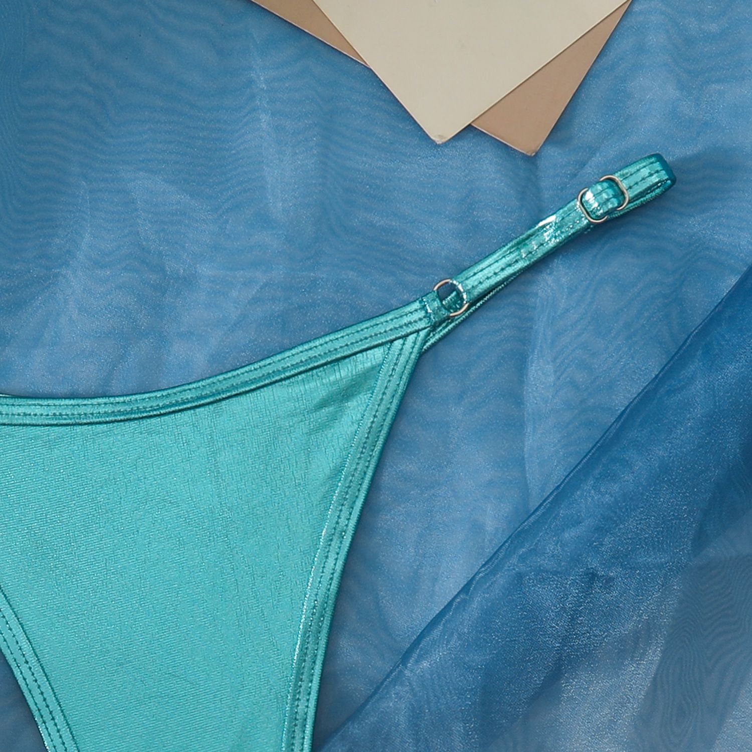 (image for) Women Shiny Metallic Bikini Bottom Solid Color Adjustable Thong Swim Bottom