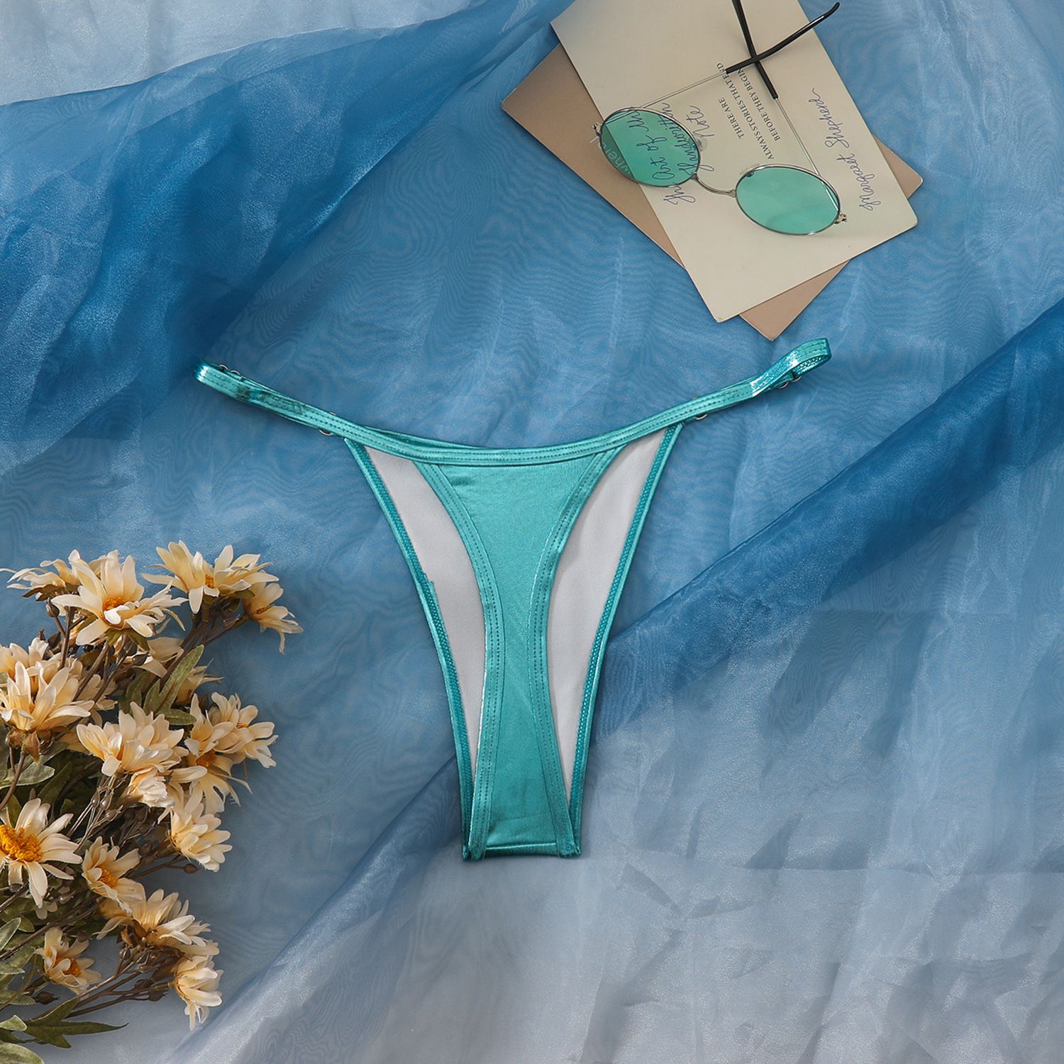 (image for) Women Shiny Metallic Bikini Bottom Solid Color Adjustable Thong Swim Bottom