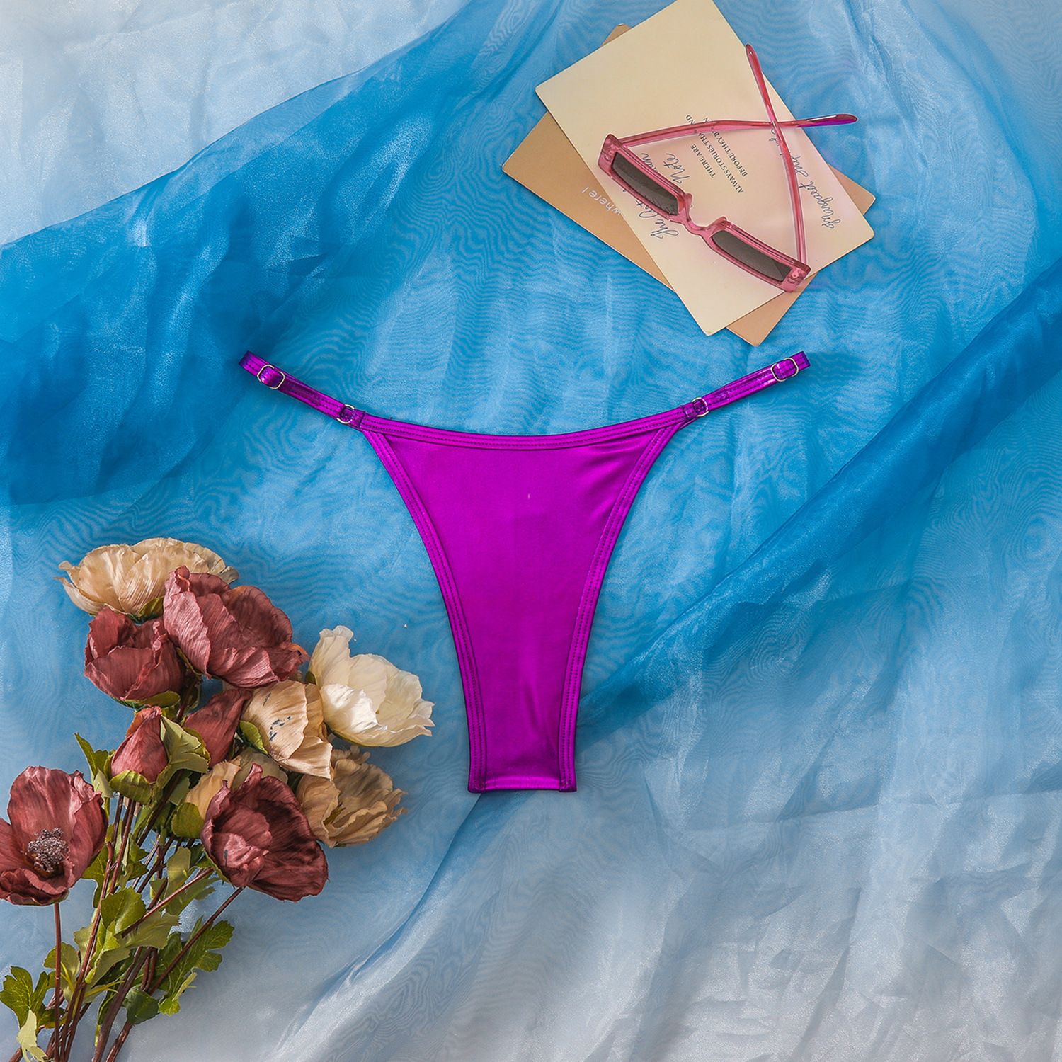 (image for) Women Shiny Metallic Bikini Bottom Solid Color Adjustable Thong Swim Bottom