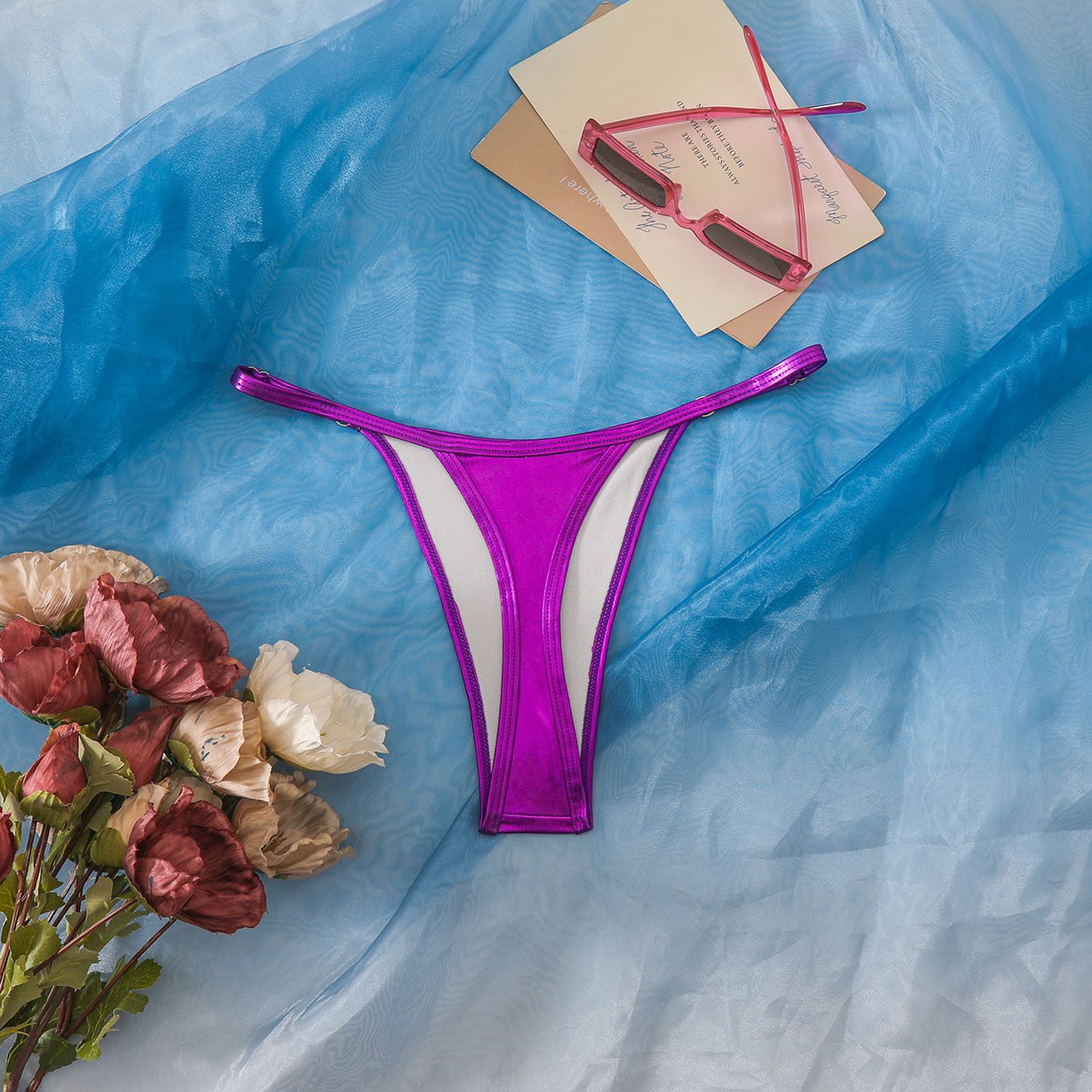 (image for) Women Shiny Metallic Bikini Bottom Solid Color Adjustable Thong Swim Bottom