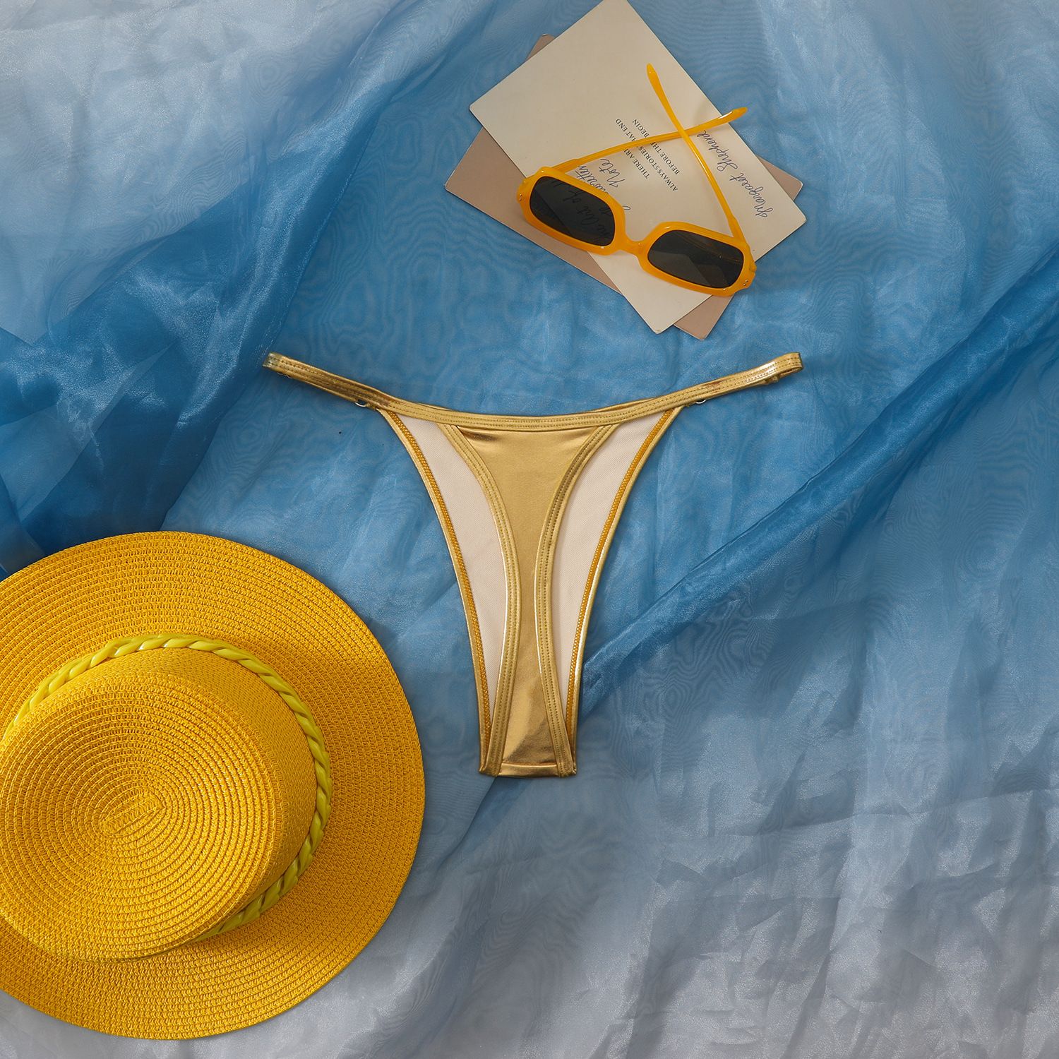 (image for) Women Shiny Metallic Bikini Bottom Solid Color Adjustable Thong Swim Bottom
