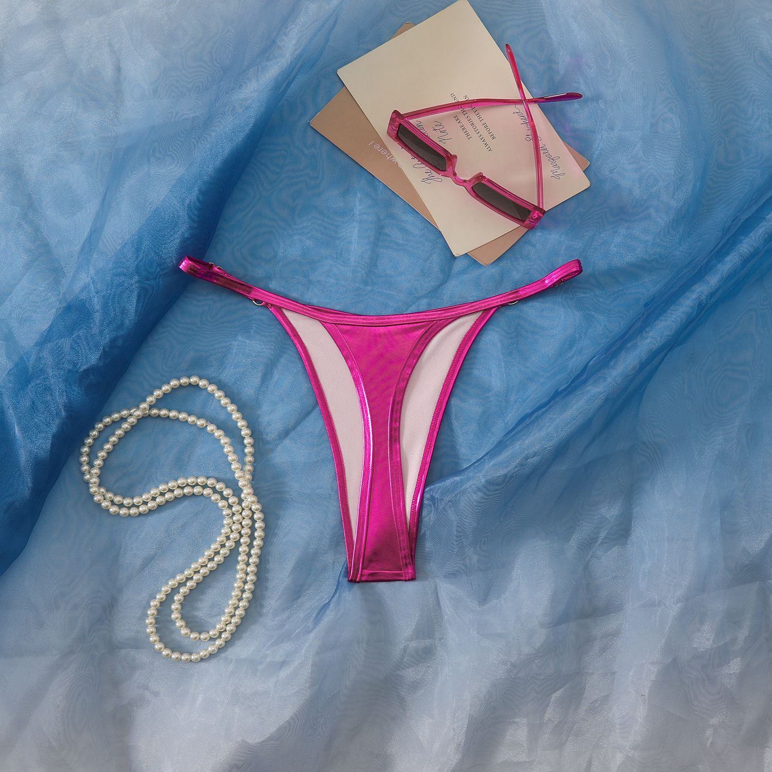 (image for) Women Shiny Metallic Bikini Bottom Solid Color Adjustable Thong Swim Bottom