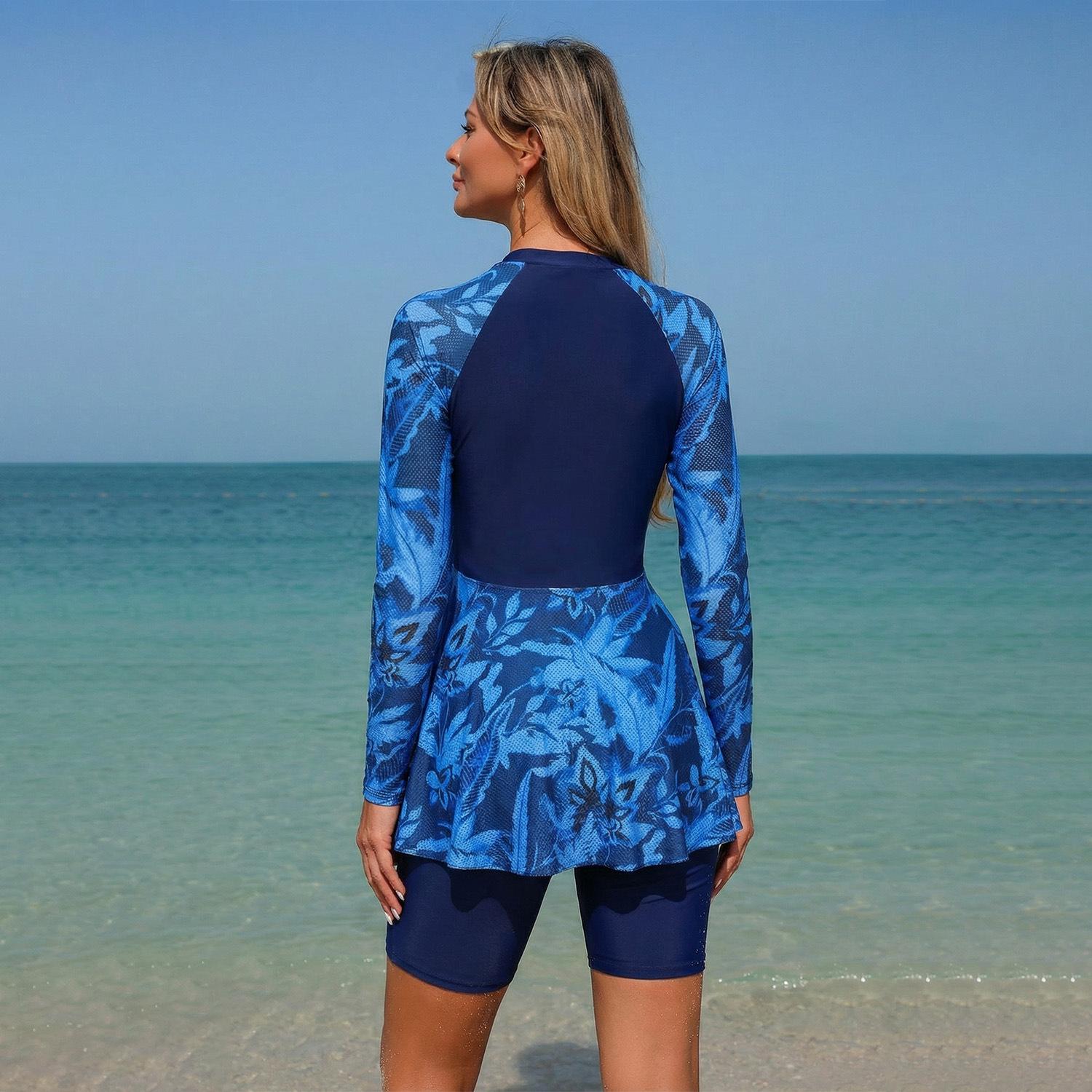 (image for) Women 2 Piece Skirted Long Sleeve Rash Guard Swimsuit, Modest Full Coverage Printed Bathing Suit