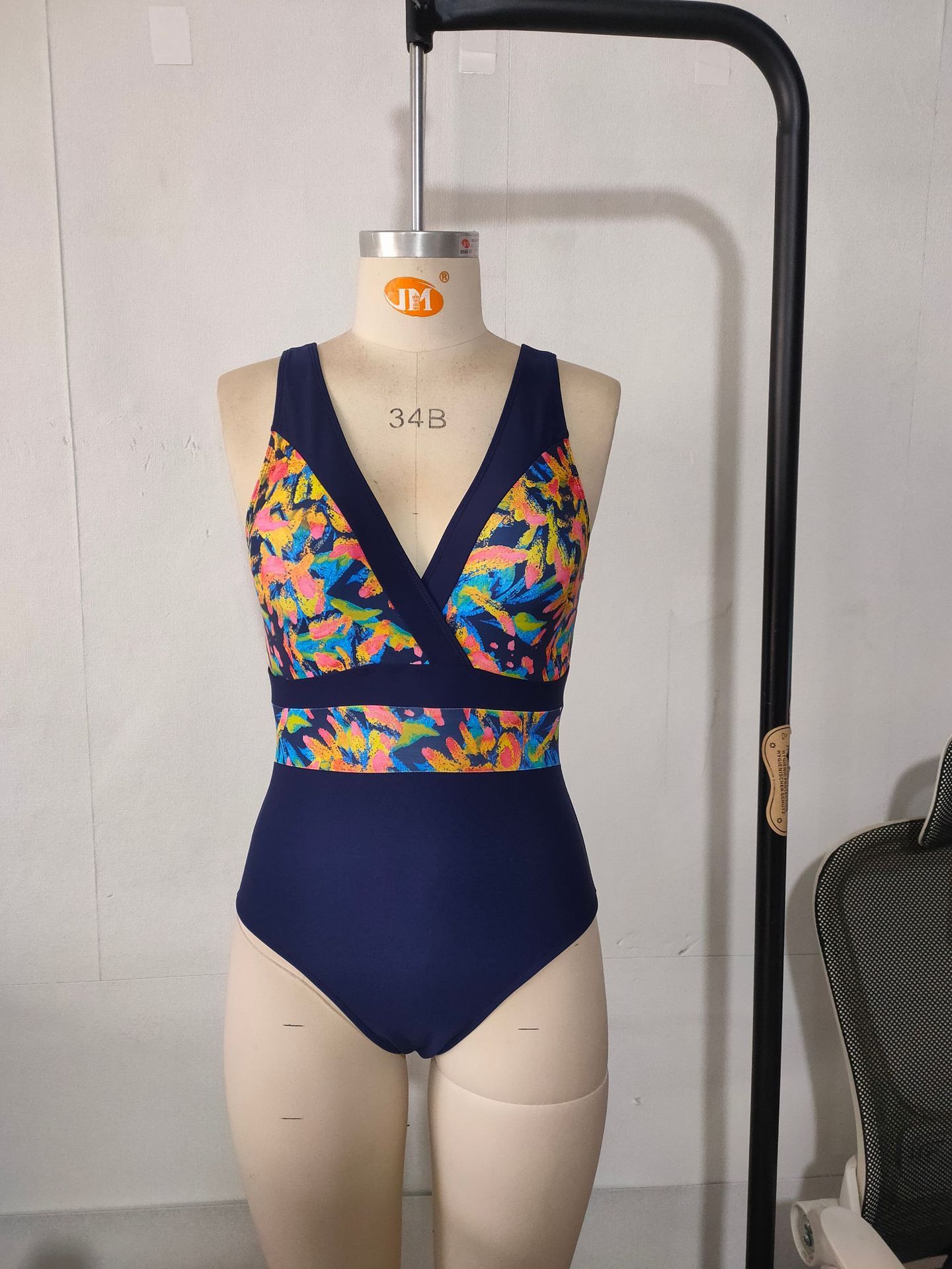 (image for) Women Deep V Printed One Piece Swimsuit, Color Block Tummy Control Bathing Suit