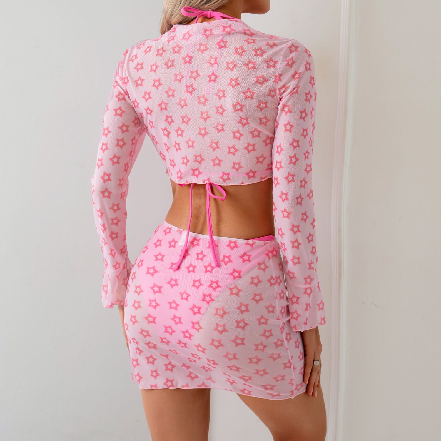 (image for) Women Star Print 4 Piece Bikini Set, Long Sleeve Mesh Cover Up Tie Top & Skirt Split Swimsuit