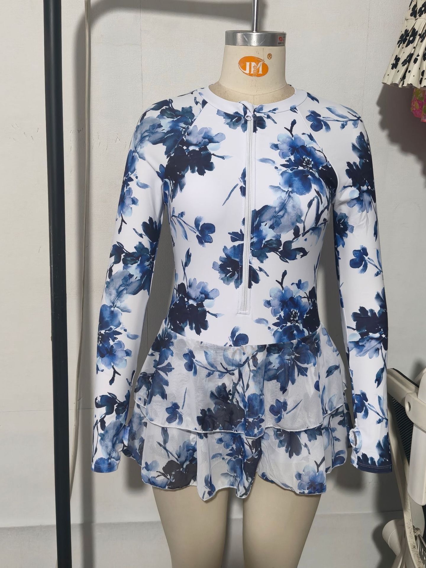 (image for) Long Sleeve Zip Front Printed One Piece Swim Dress, Women UV Protection Surfing Swimsuit