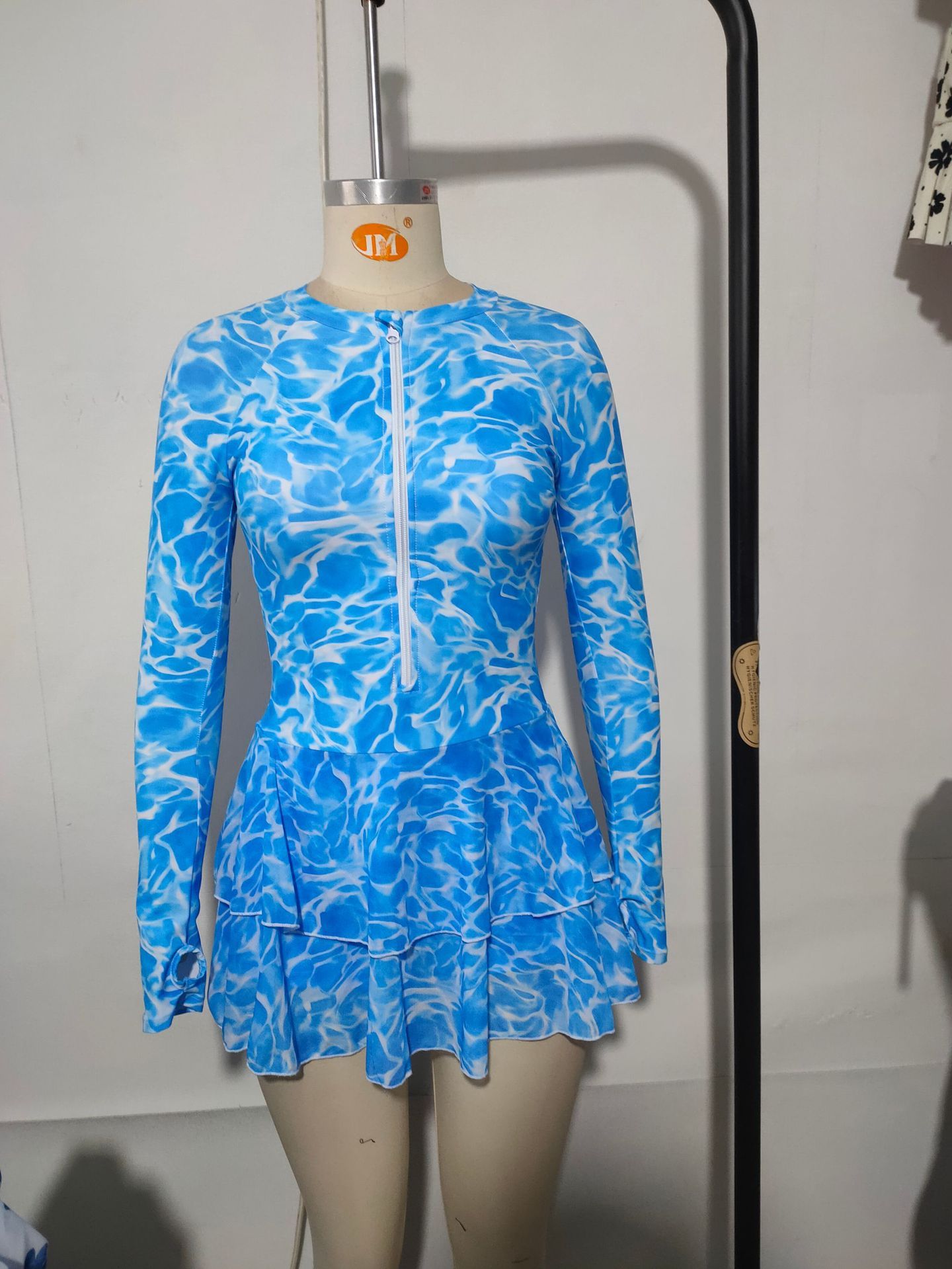(image for) Long Sleeve Zip Front Printed One Piece Swim Dress, Women UV Protection Surfing Swimsuit
