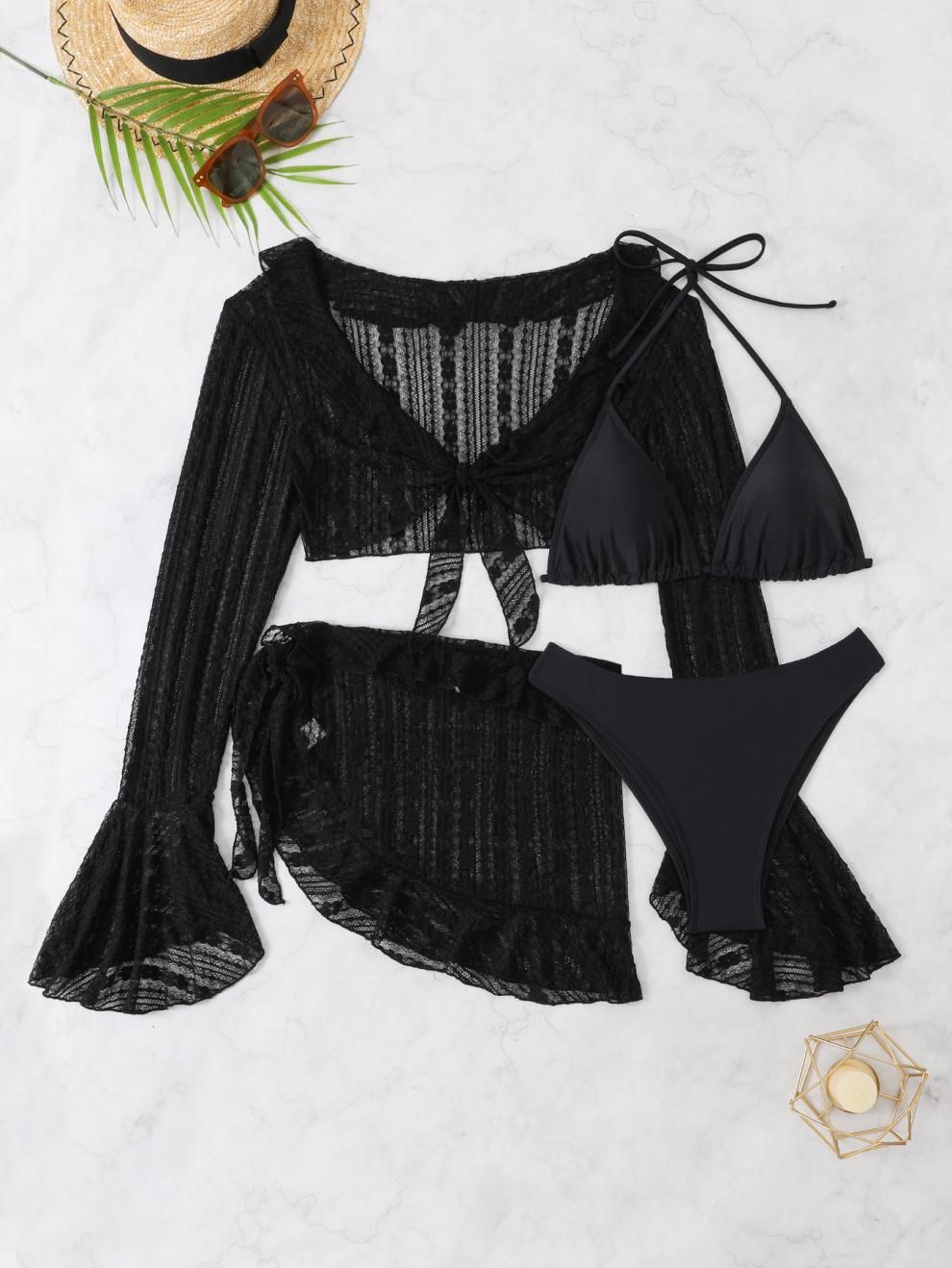 (image for) Women's 2026 4-Piece Ruffled Bikini Set Long Sleeve Cover Up & Mini Skirt Padded Wirefree Sexy Beach Swimwear