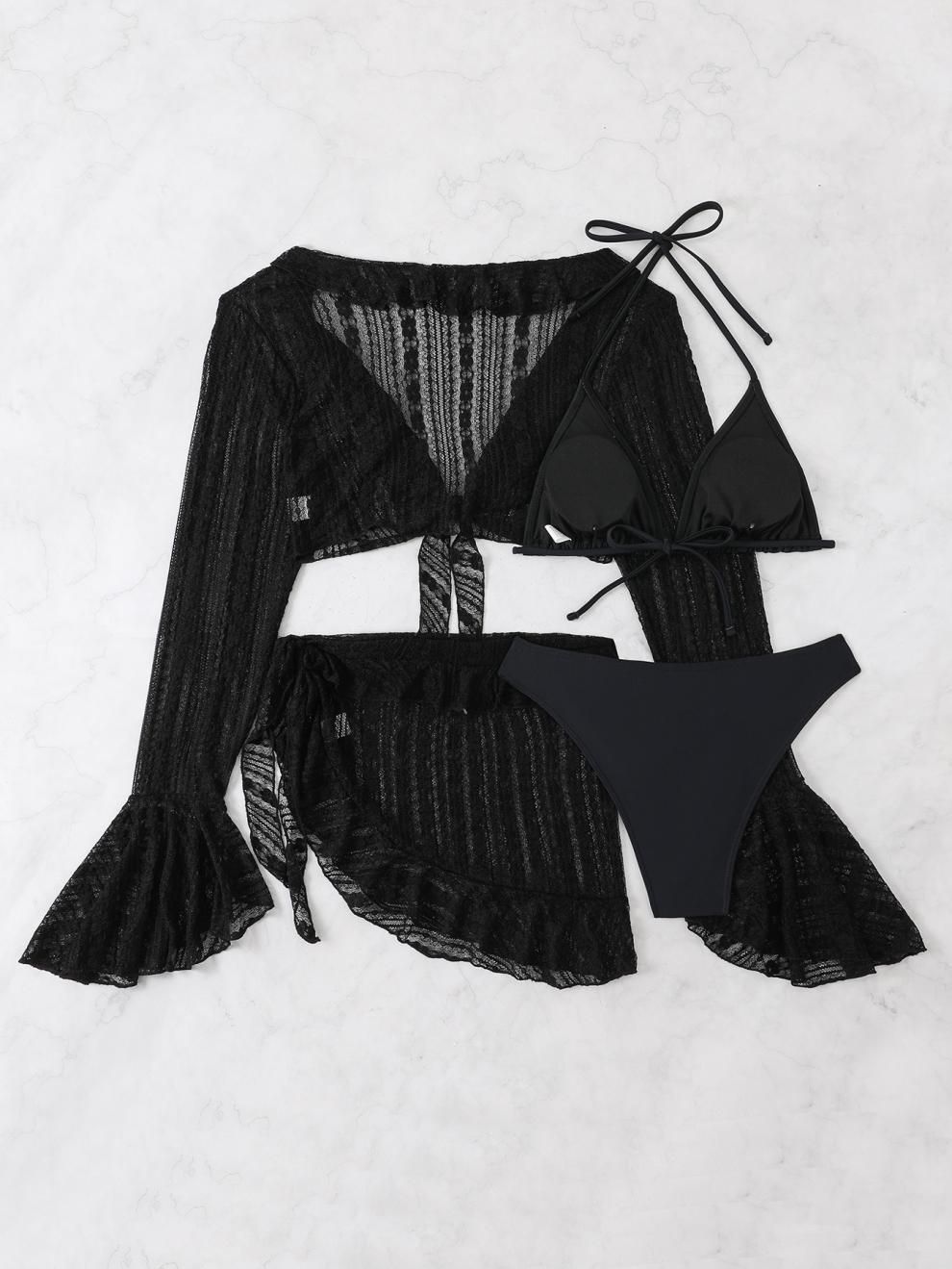 (image for) Women's 2026 4-Piece Ruffled Bikini Set Long Sleeve Cover Up & Mini Skirt Padded Wirefree Sexy Beach Swimwear