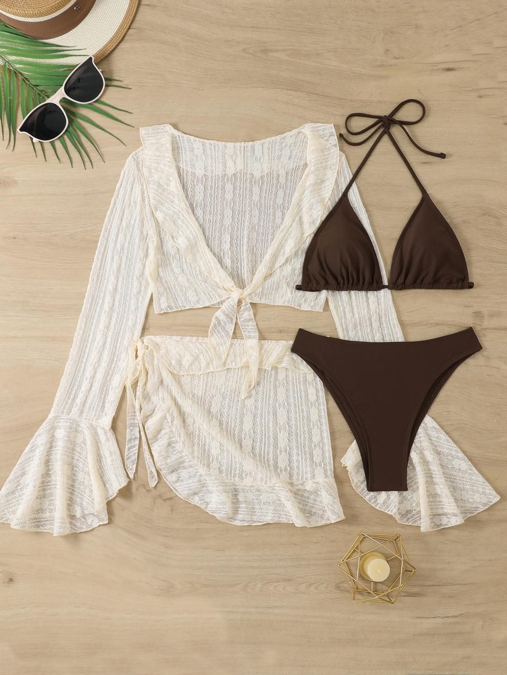 (image for) Women's 2026 4-Piece Ruffled Bikini Set Long Sleeve Cover Up & Mini Skirt Padded Wirefree Sexy Beach Swimwear