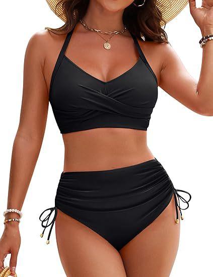 (image for) Women High Waisted Drawstring Bikini Set, Twist Front Halter Top Tummy Control Two Piece Swimsuit with Padded Cups, 12 Colors Sexy Bathing Suit S-XXL