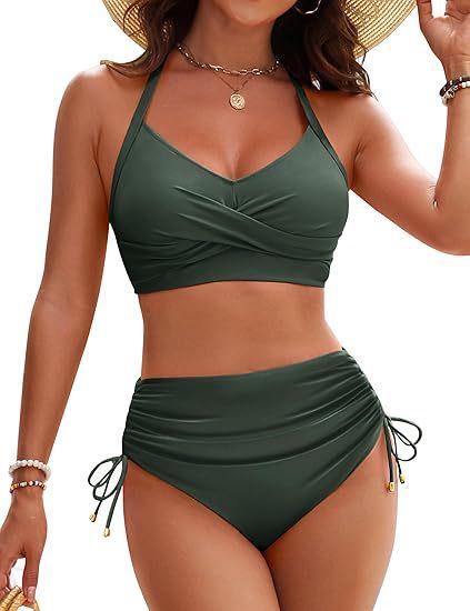(image for) Women High Waisted Drawstring Bikini Set, Twist Front Halter Top Tummy Control Two Piece Swimsuit with Padded Cups, 12 Colors Sexy Bathing Suit S-XXL
