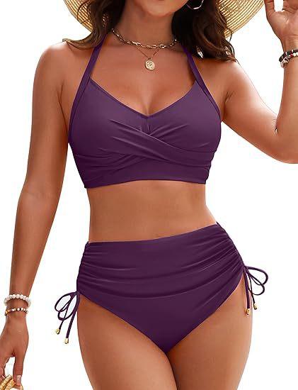 (image for) Women High Waisted Drawstring Bikini Set, Twist Front Halter Top Tummy Control Two Piece Swimsuit with Padded Cups, 12 Colors Sexy Bathing Suit S-XXL