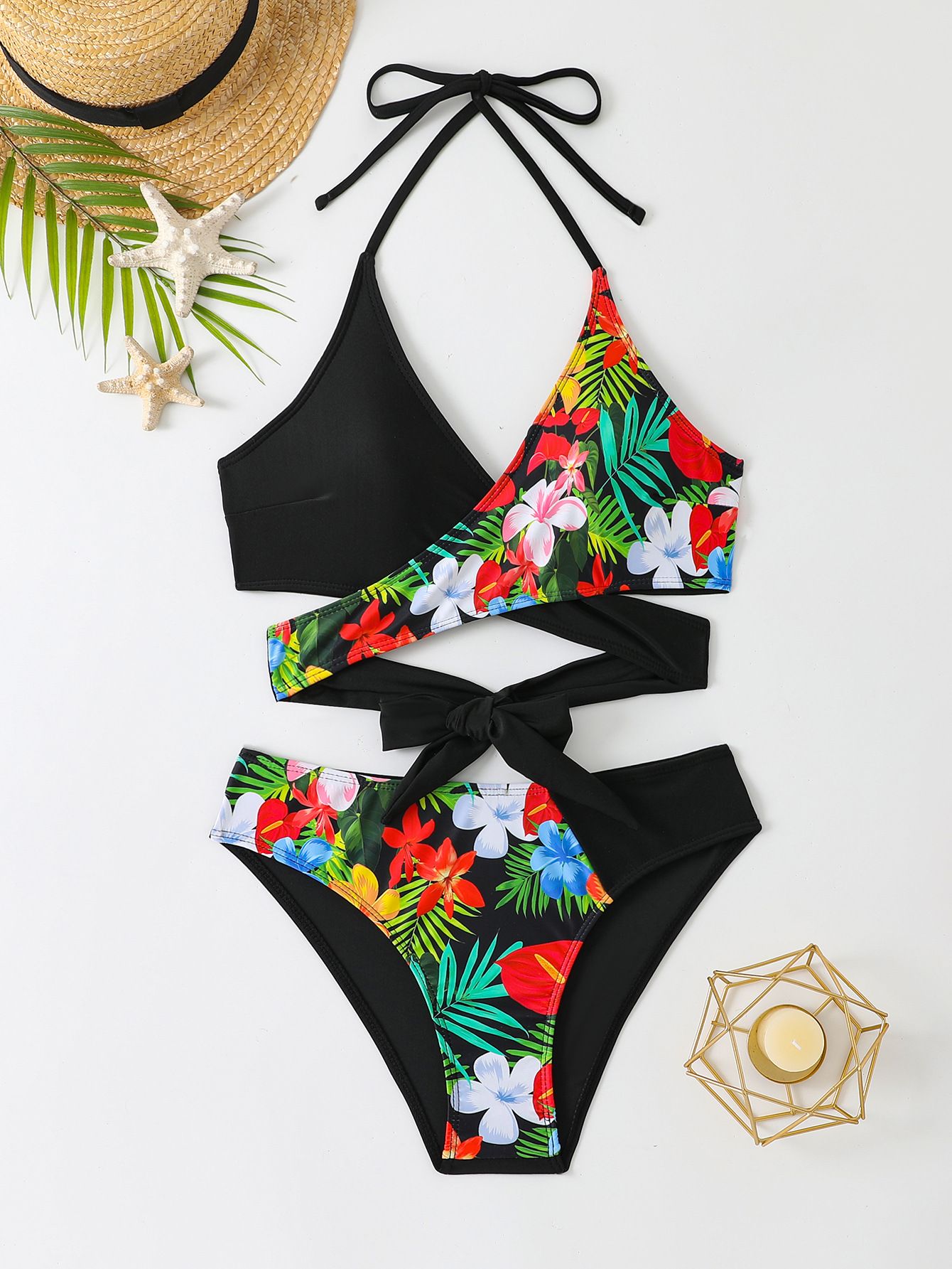(image for) Women Color Block Tropical Print Halter Bikini Set High Waist Two‑Piece Swimsuit S‑XL