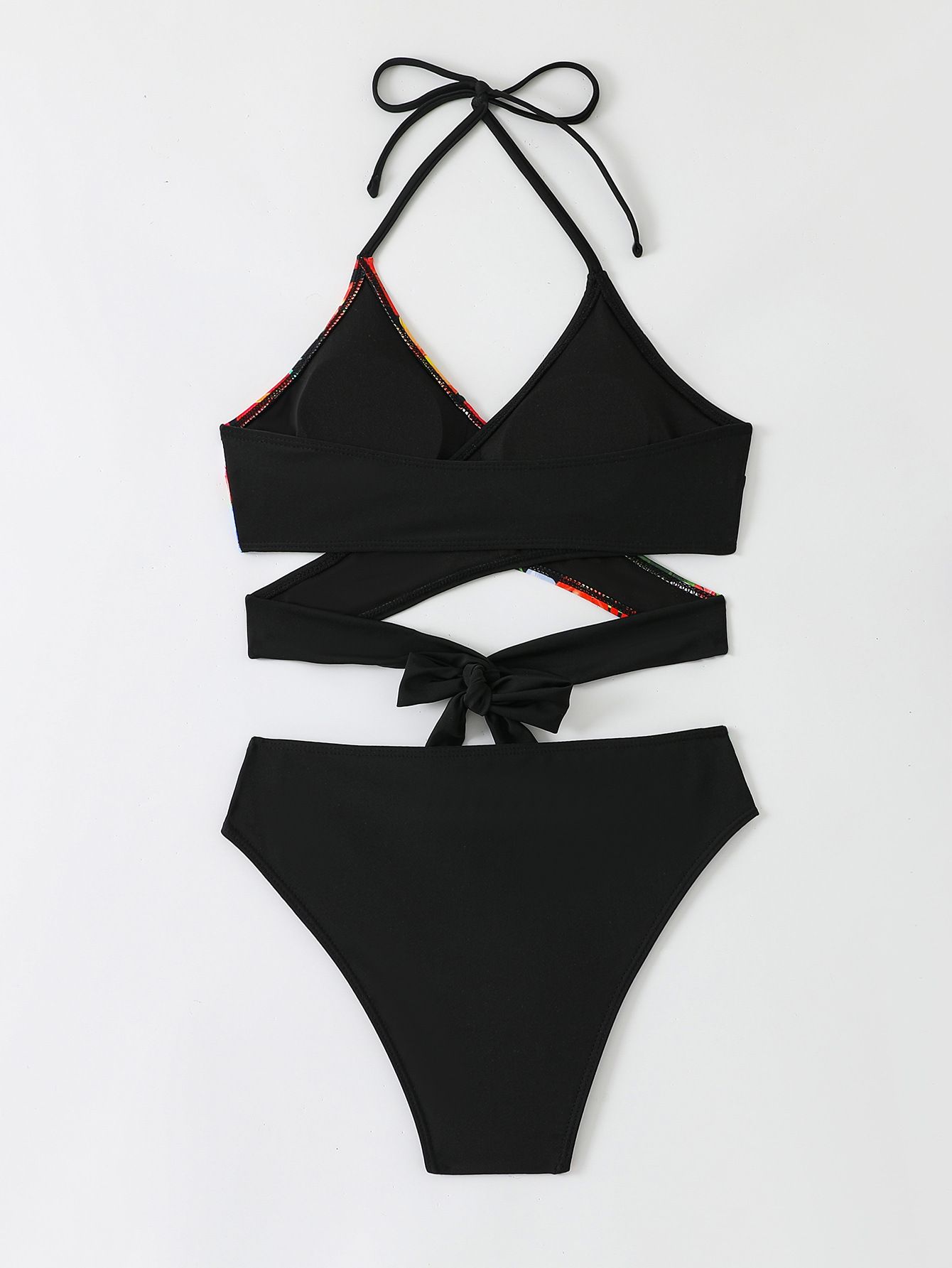 (image for) Women Color Block Tropical Print Halter Bikini Set High Waist Two‑Piece Swimsuit S‑XL
