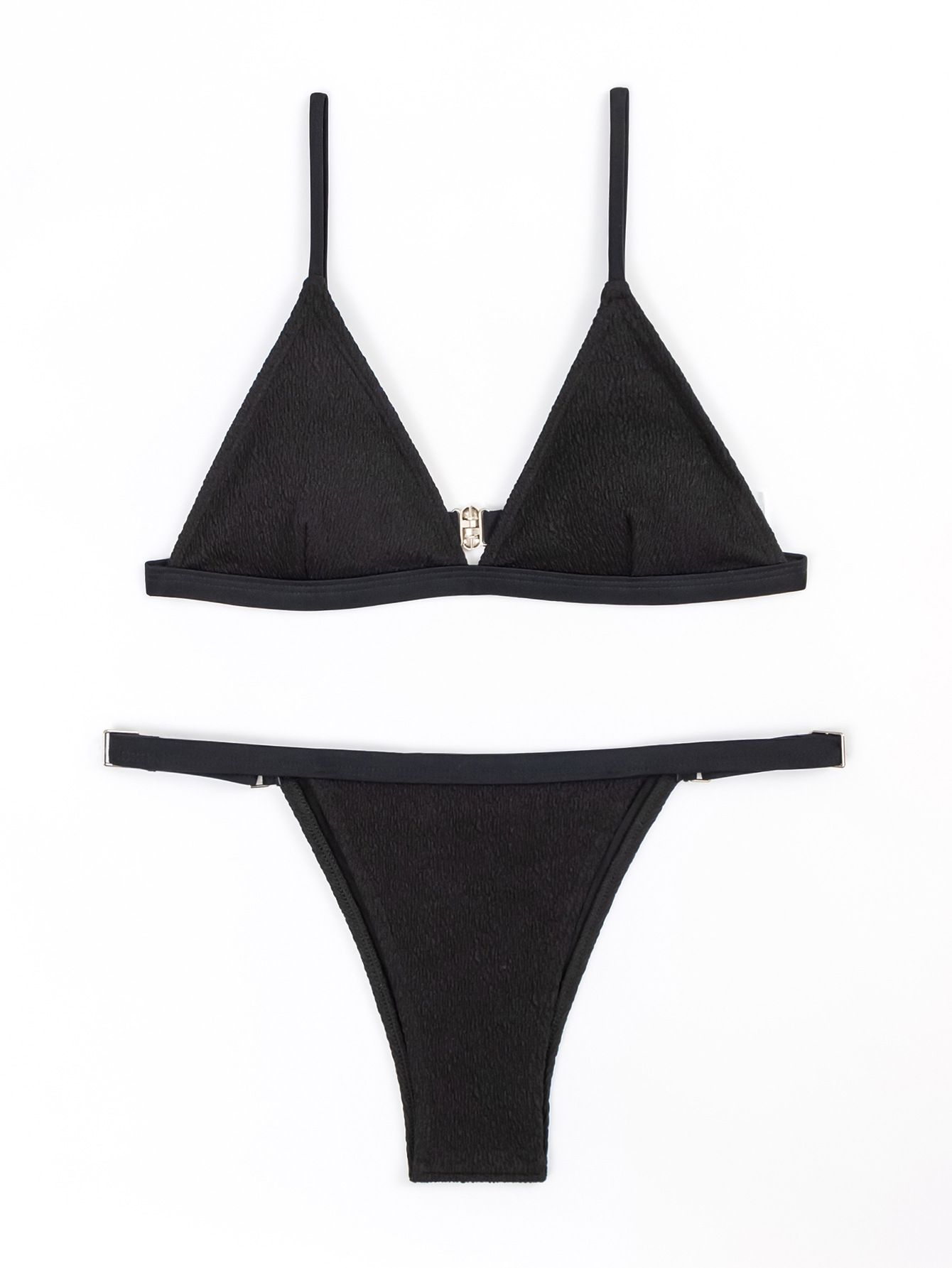 (image for) Solid Textured Triangle Two‑Piece Bikini Set Thin Adjustable Straps Women Swimsuit