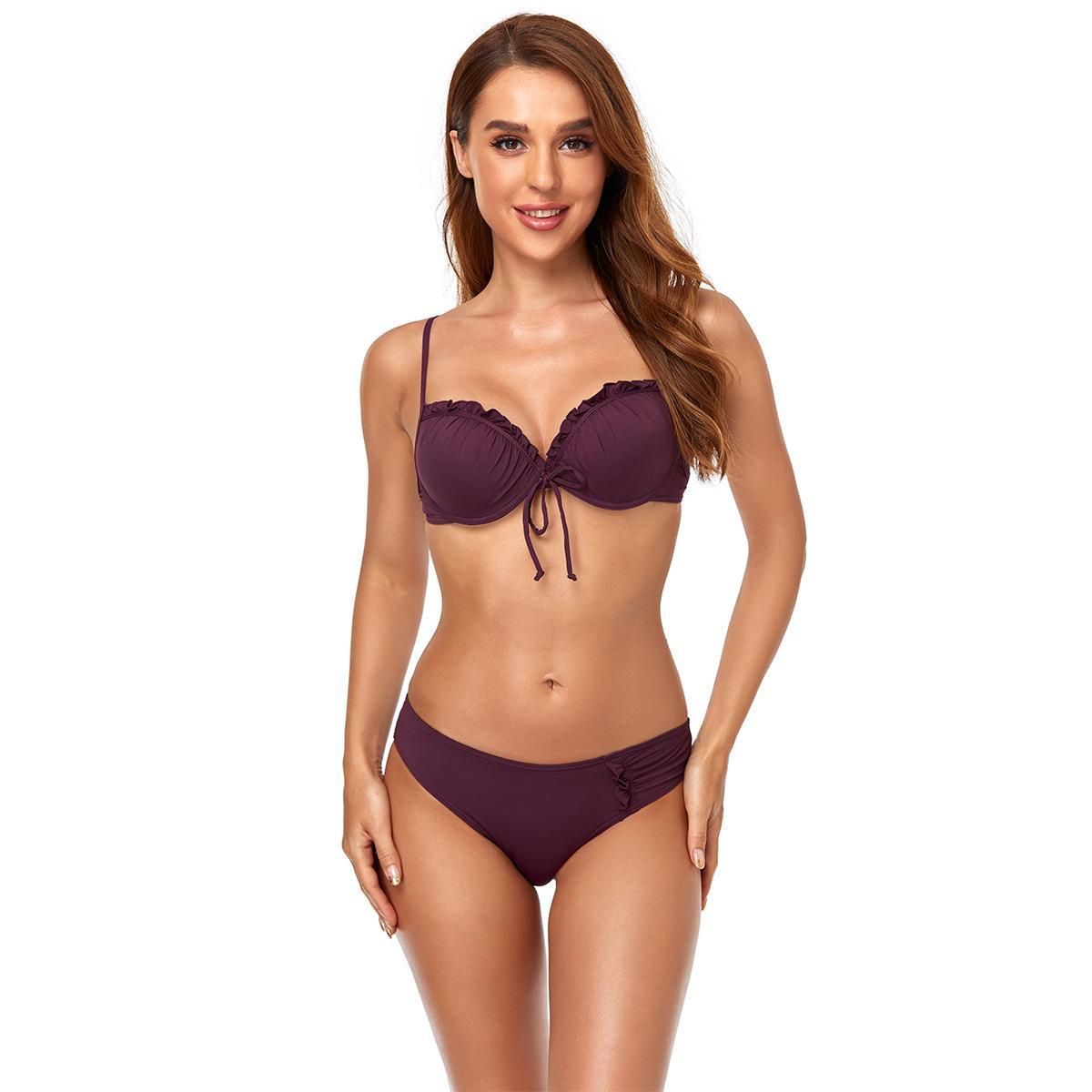 (image for) Underwire Ruffle Trim Three‑Piece Low‑Waist Two‑Piece Bikini Set Women Swimsuit
