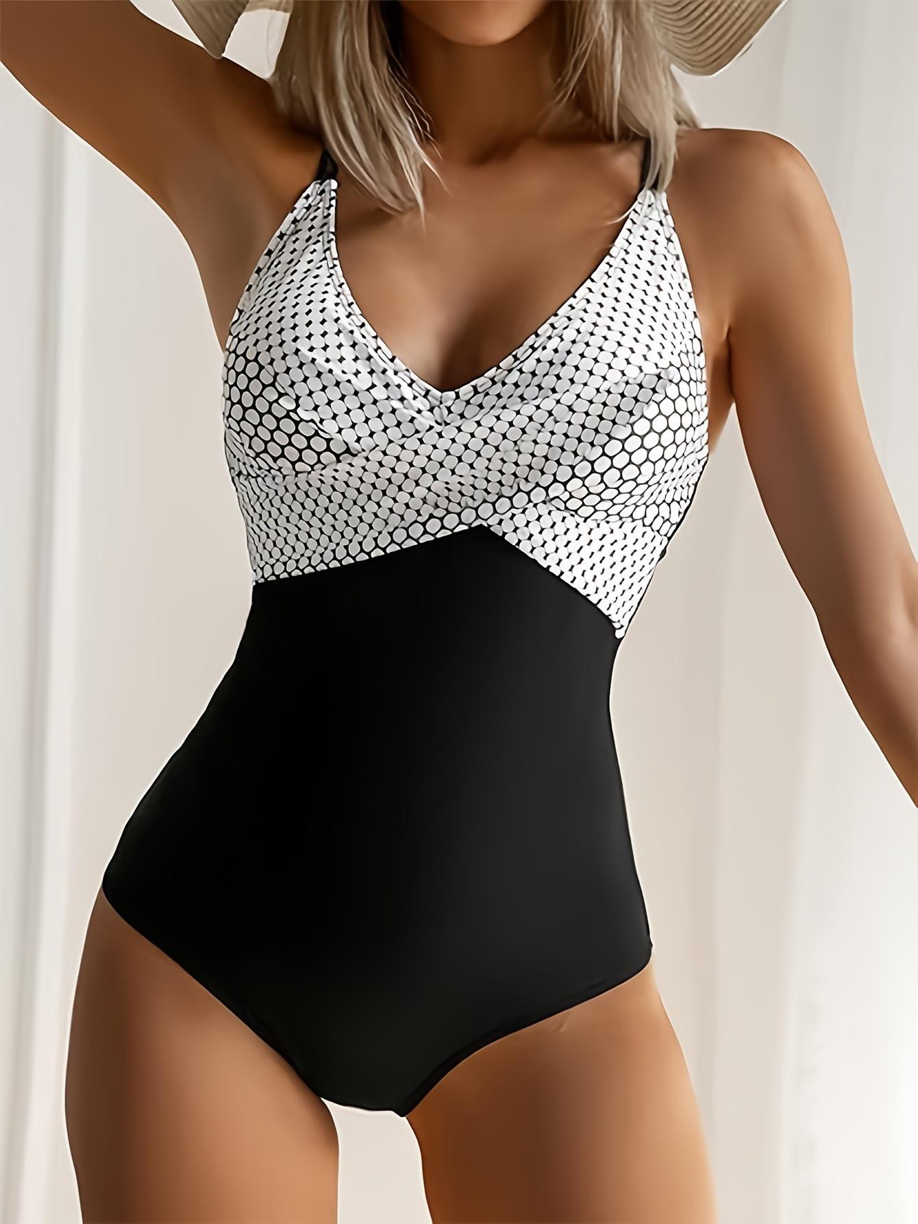 (image for) Women Twist Front V Neck One Piece Swimsuit, Ruched Waist Tummy Control Sexy Bathing Suit with Padded Cups, 3 Pattern Options for Beach Hot Spring S-XXL