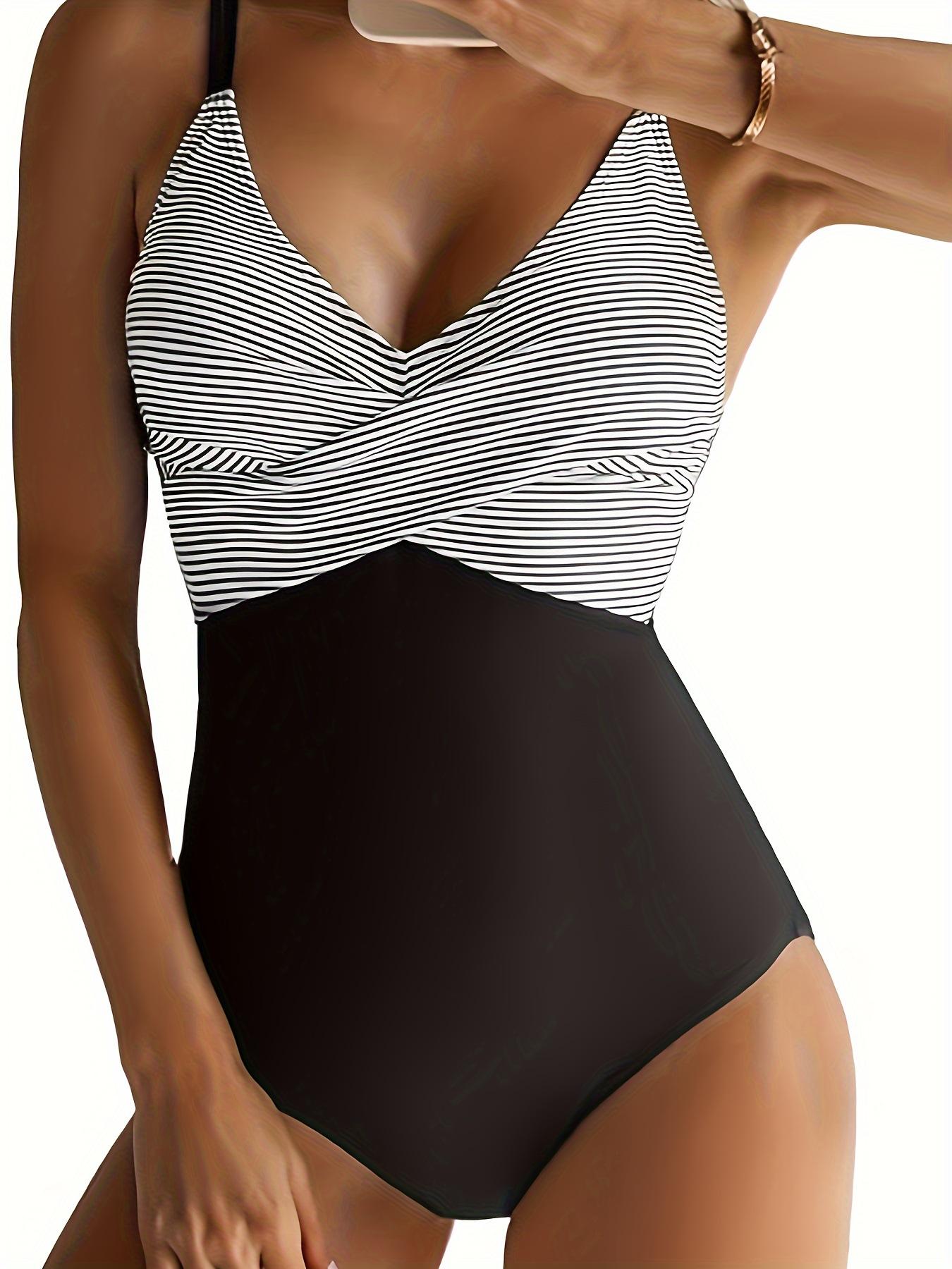 (image for) Women Twist Front V Neck One Piece Swimsuit, Ruched Waist Tummy Control Sexy Bathing Suit with Padded Cups, 3 Pattern Options for Beach Hot Spring S-XXL