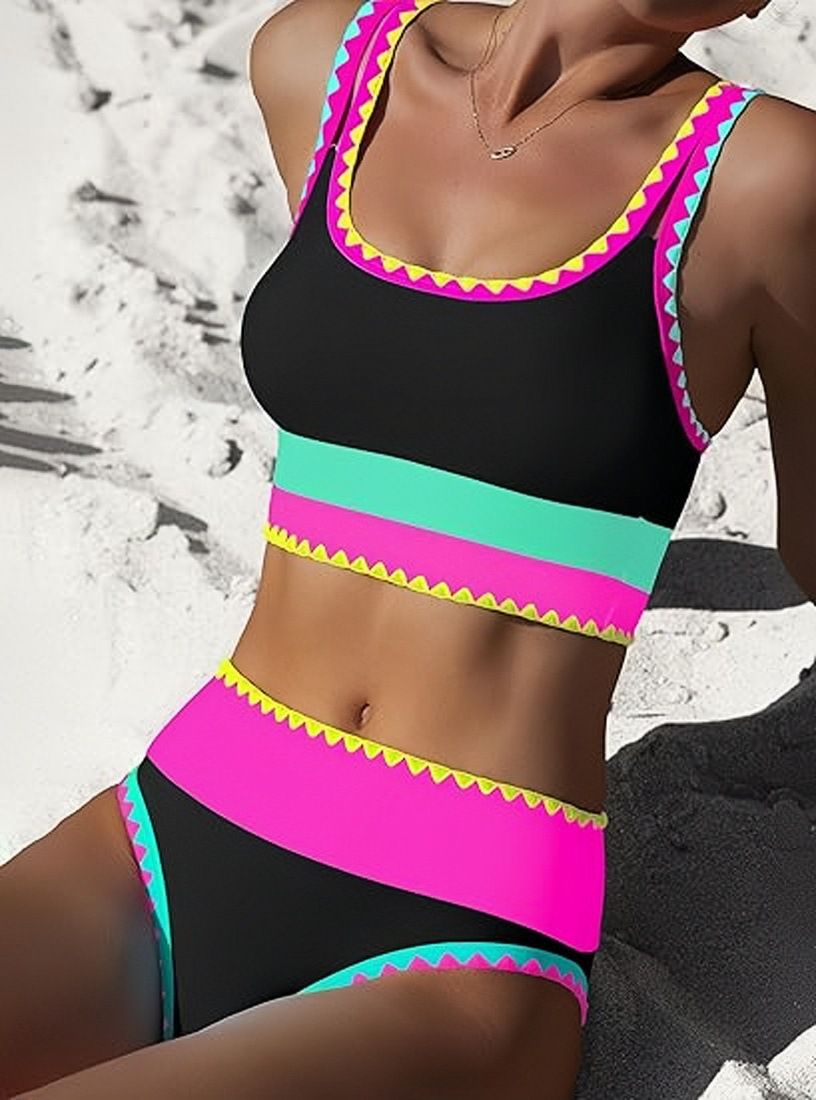 (image for) Women 3 Piece Skirted Bikini Set, Color Block Zigzag Trim Tank Top Swimsuit, High Elastic Bathing Suit S-XXL