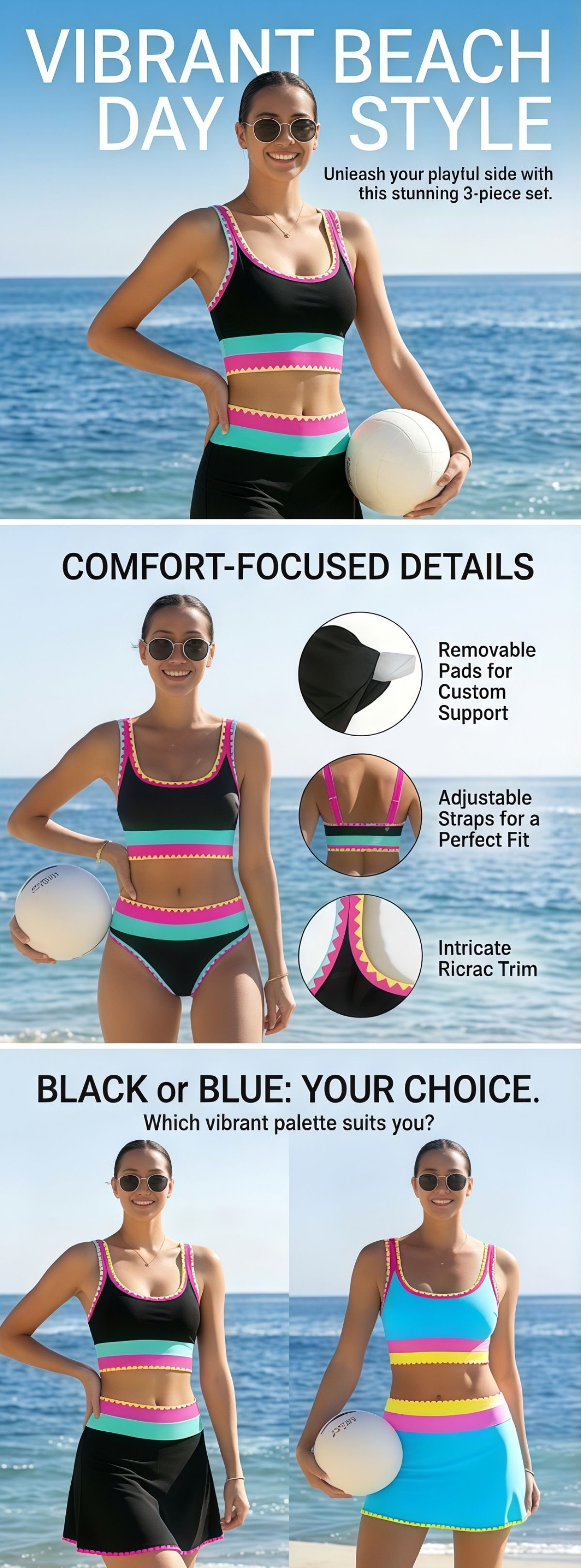 (image for) Women 3 Piece Skirted Bikini Set, Color Block Zigzag Trim Tank Top Swimsuit, High Elastic Bathing Suit S-XXL
