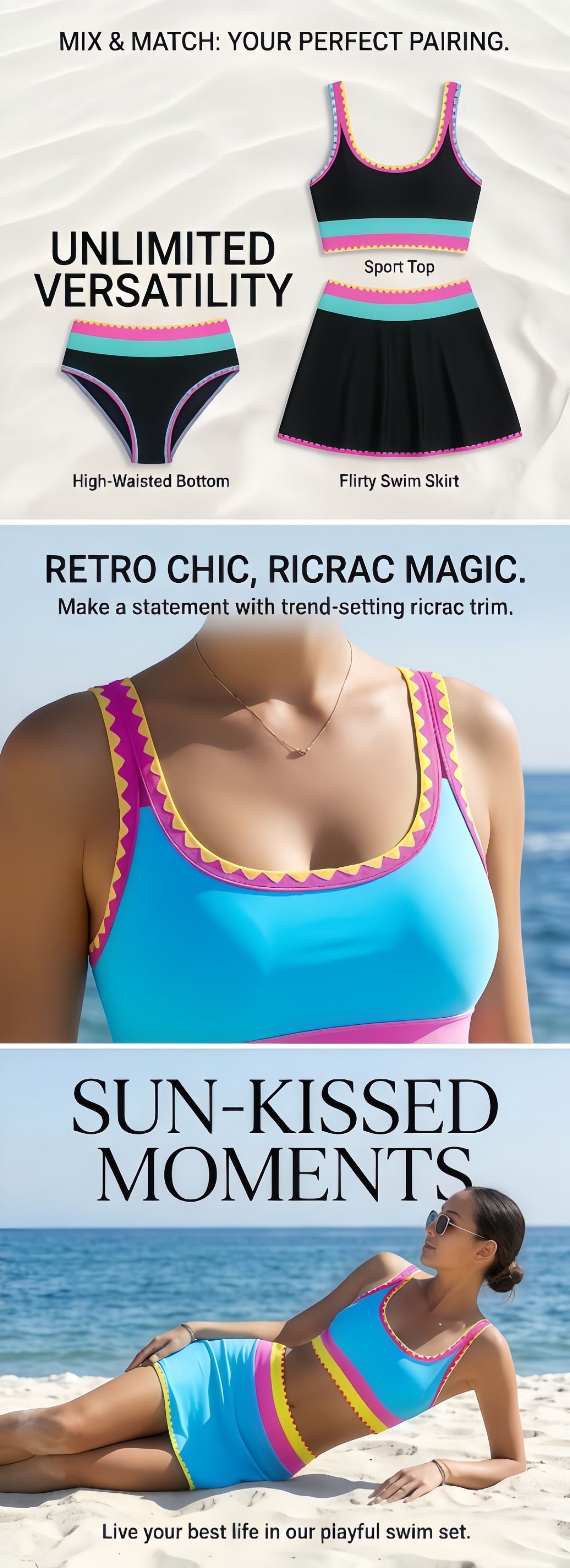 (image for) Women 3 Piece Skirted Bikini Set, Color Block Zigzag Trim Tank Top Swimsuit, High Elastic Bathing Suit S-XXL