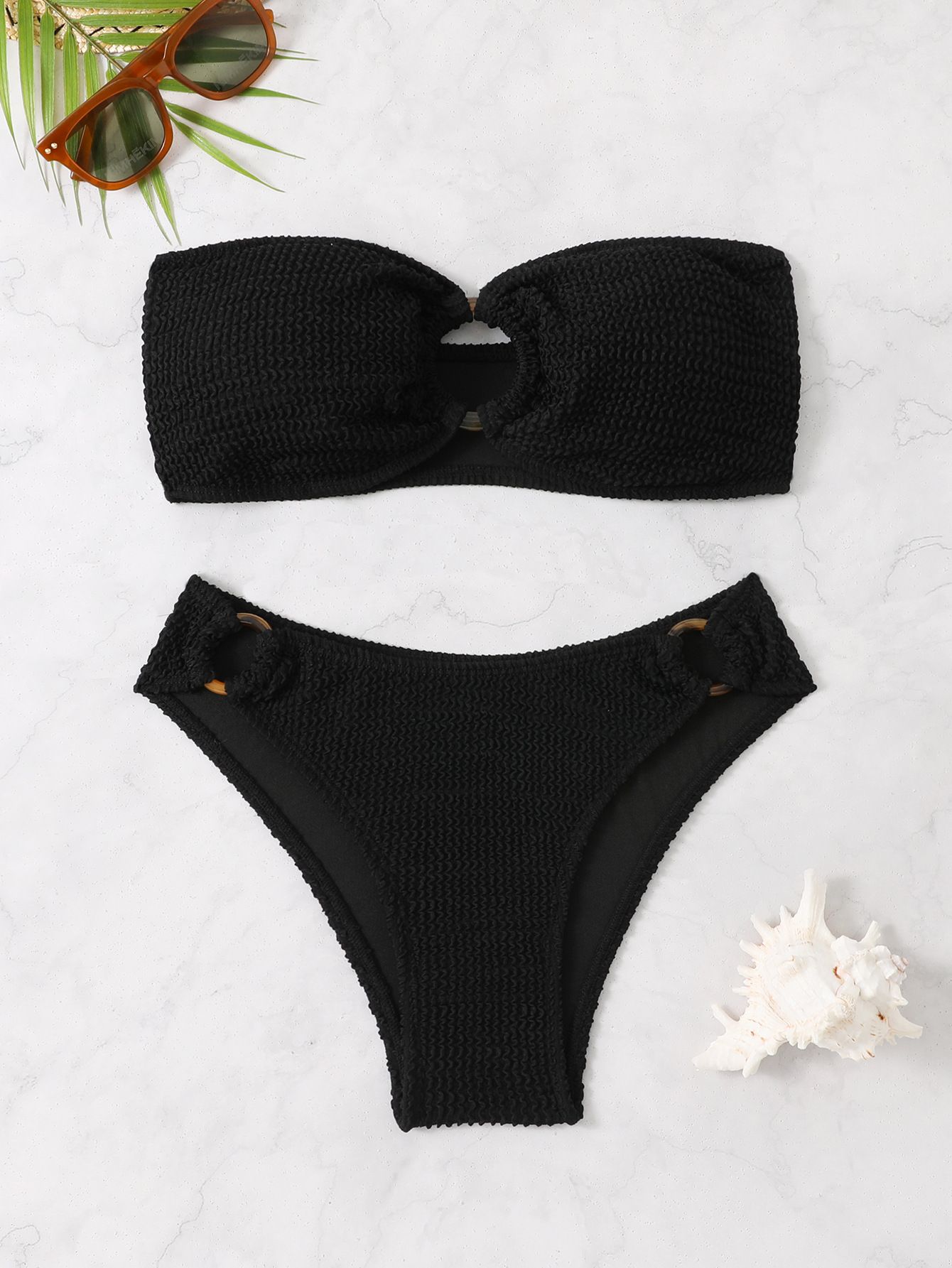 (image for) Women Solid Bandeau Bikini Set Push‑Up High Waist Two‑Piece Swimsuit S‑XXL