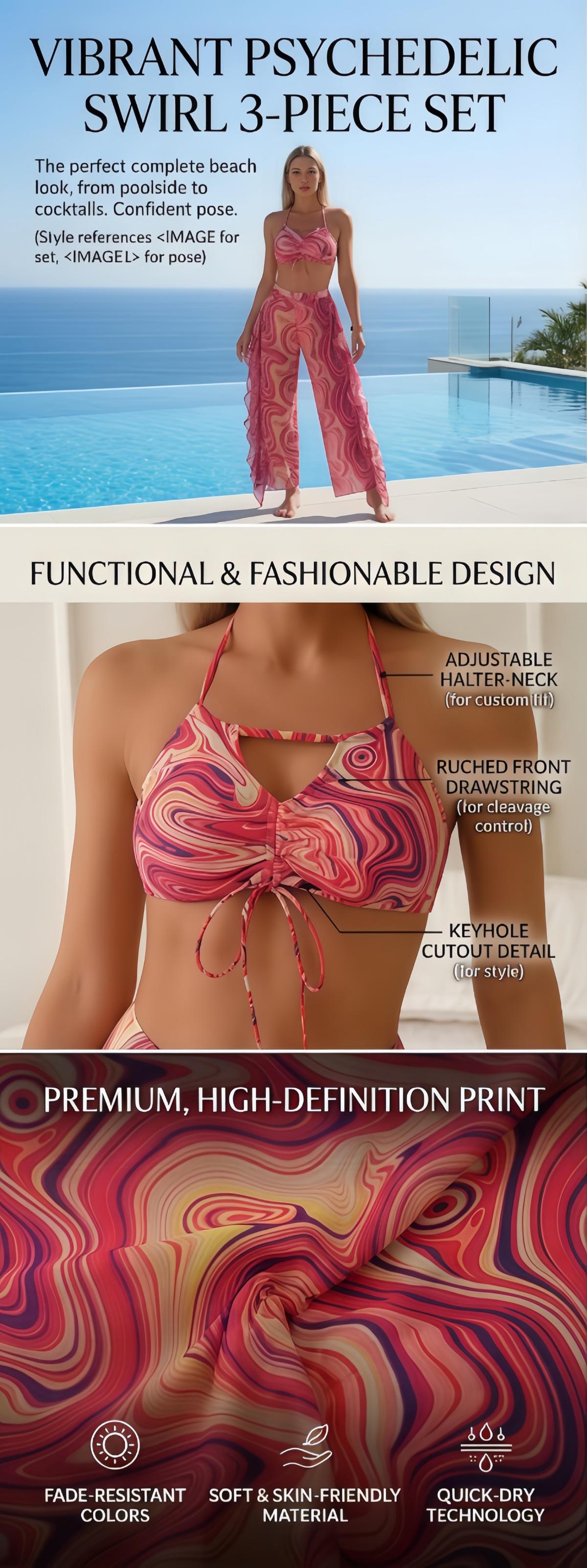 (image for) 3-Piece Marble Print Halter Bikini with Mesh Cover-Up Pants