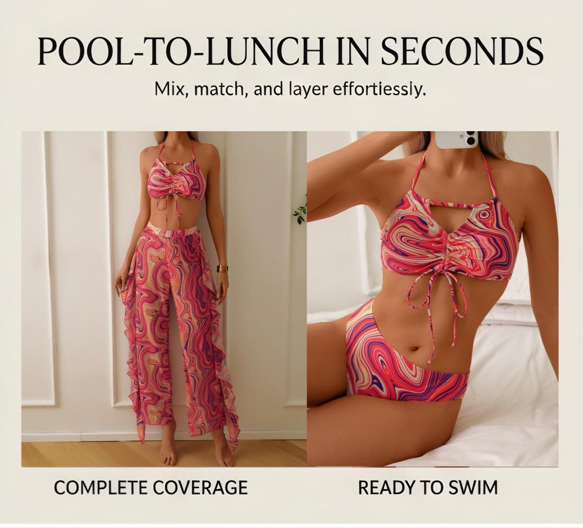 (image for) 3-Piece Marble Print Halter Bikini with Mesh Cover-Up Pants