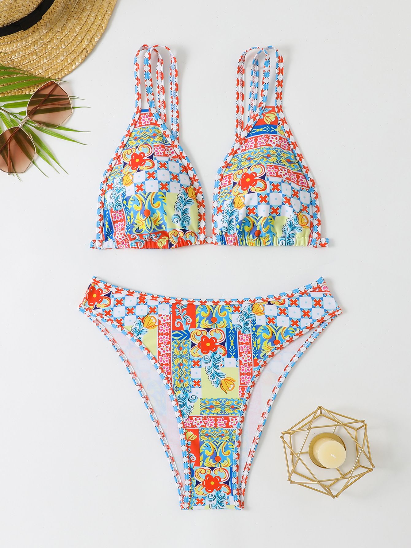 Women Boho Print Trim Edge Bikini Set High Waist Two‑Piece Swimsuit S‑XXL (image for) Women Boho Print Trim Edge Bikini Set High Waist Two‑Piece Swimsuit S‑XXL