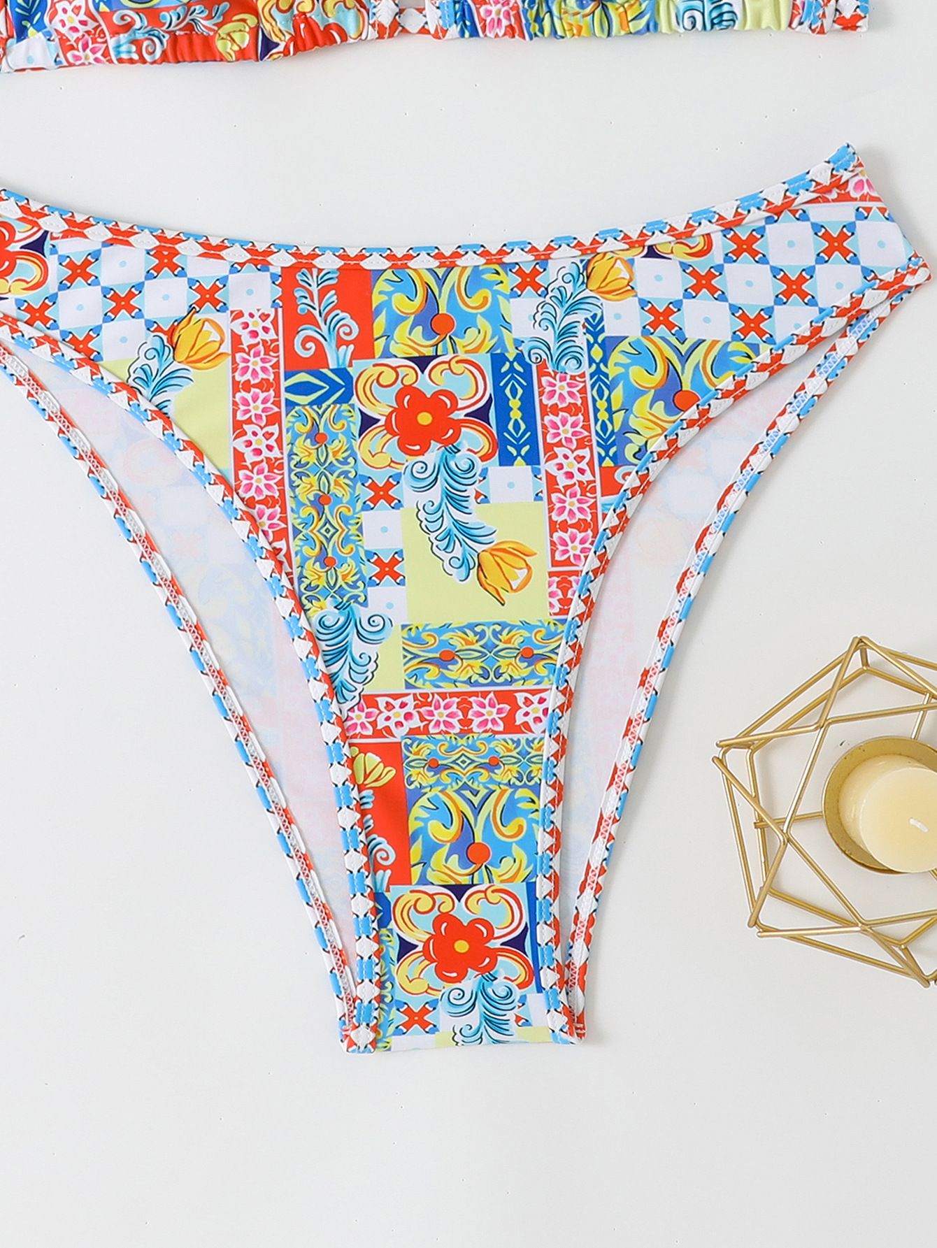 (image for) Women Boho Print Trim Edge Bikini Set High Waist Two‑Piece Swimsuit S‑XXL