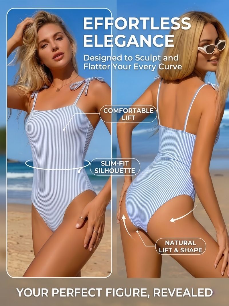 (image for) 2026 Women Striped Tie Strap One Piece Swimsuit, Backless Tummy Control Slimming Bathing Suit S-XL