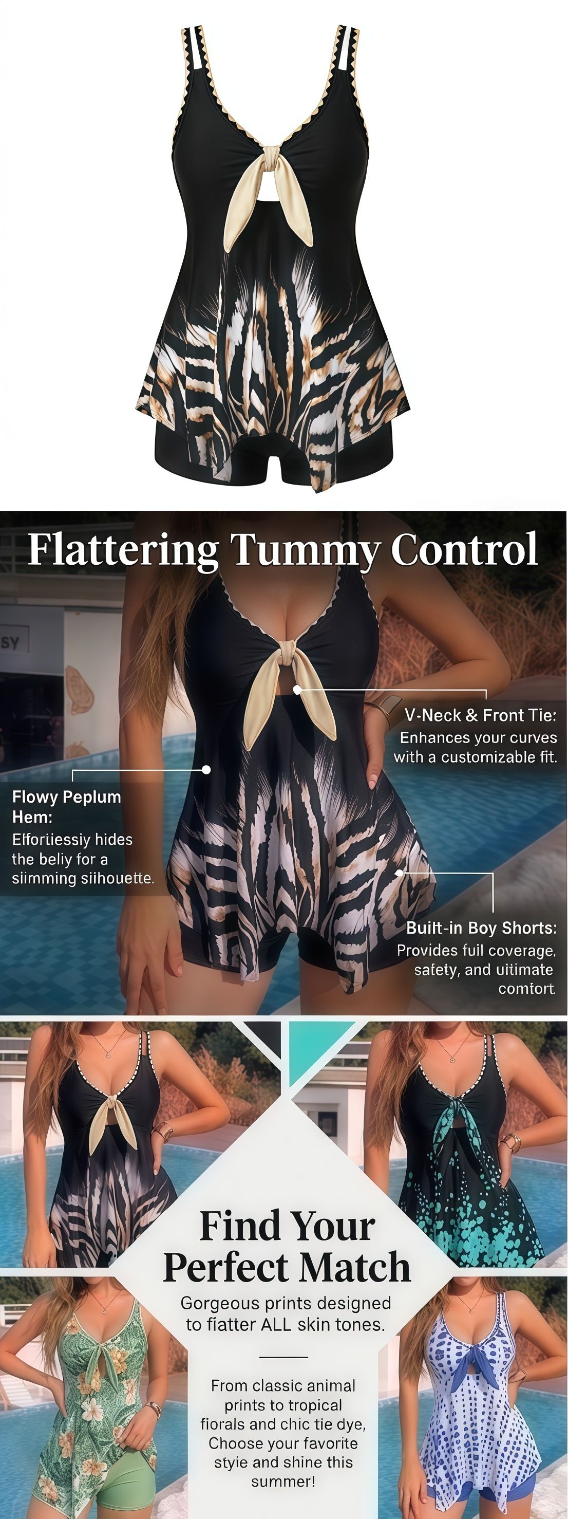 (image for) Women Tankini Swimsuit 2026 New Printed Tummy Control Bathing Suit, Flowy Tank Top with Boyshort Bottom S-2XL