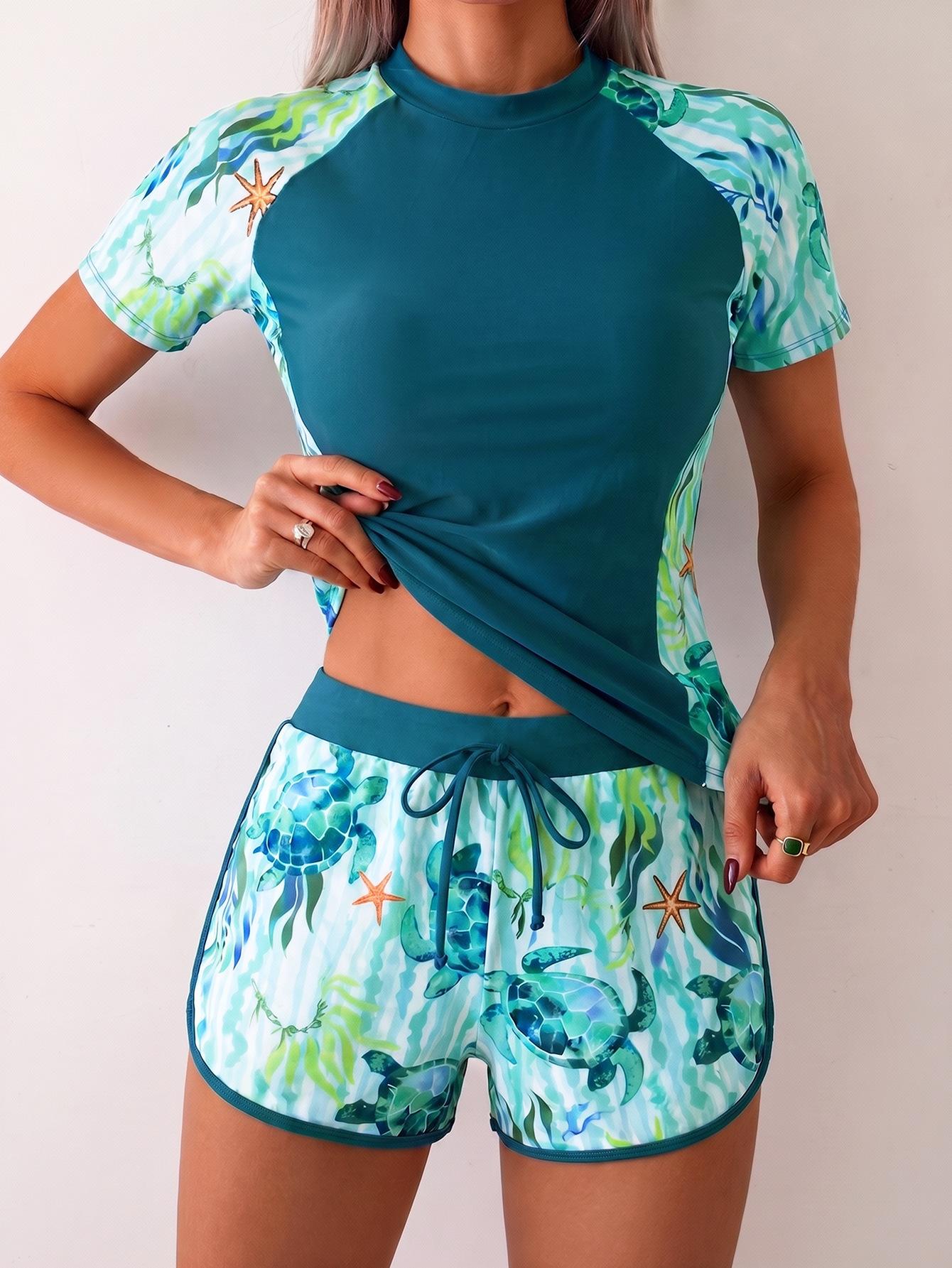 (image for) Women Short Sleeve Two‑Piece Rash Guard Conservative Swim Set S‑2XL