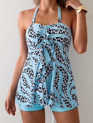 (image for) Women Halter Tankini Set Flowy Printed Skirt Top with Boy Shorts Conservative Swimsuit S-XXL