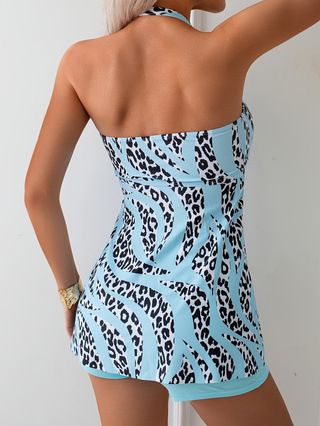 (image for) Women Halter Tankini Set Flowy Printed Skirt Top with Boy Shorts Conservative Swimsuit S-XXL