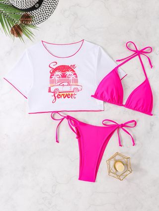Women 3‑Piece Bikini Set Printed Short Sleeve Mesh Cover Up Top Sexy Bikini Swimwear S‑XXL (image for) Women 3‑Piece Bikini Set Printed Short Sleeve Mesh Cover Up Top Sexy Bikini Swimwear S‑XXL