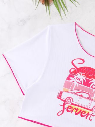 (image for) Women 3‑Piece Bikini Set Printed Short Sleeve Mesh Cover Up Top Sexy Bikini Swimwear S‑XXL