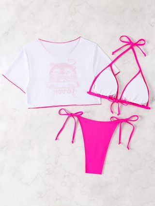 (image for) Women 3‑Piece Bikini Set Printed Short Sleeve Mesh Cover Up Top Sexy Bikini Swimwear S‑XXL