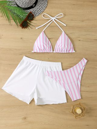 Women Striped 3‑Piece Bikini Set Halter Swimsuit With Board Shorts Beach Bathing Suit S‑XXL (image for) Women Striped 3‑Piece Bikini Set Halter Swimsuit With Board Shorts Beach Bathing Suit S‑XXL