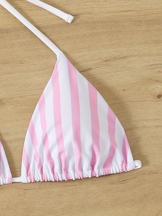 (image for) Women Striped 3‑Piece Bikini Set Halter Swimsuit With Board Shorts Beach Bathing Suit S‑XXL