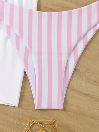 (image for) Women Striped 3‑Piece Bikini Set Halter Swimsuit With Board Shorts Beach Bathing Suit S‑XXL