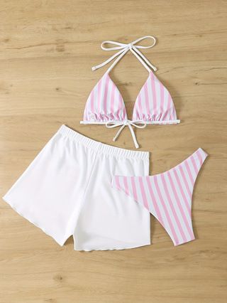 (image for) Women Striped 3‑Piece Bikini Set Halter Swimsuit With Board Shorts Beach Bathing Suit S‑XXL